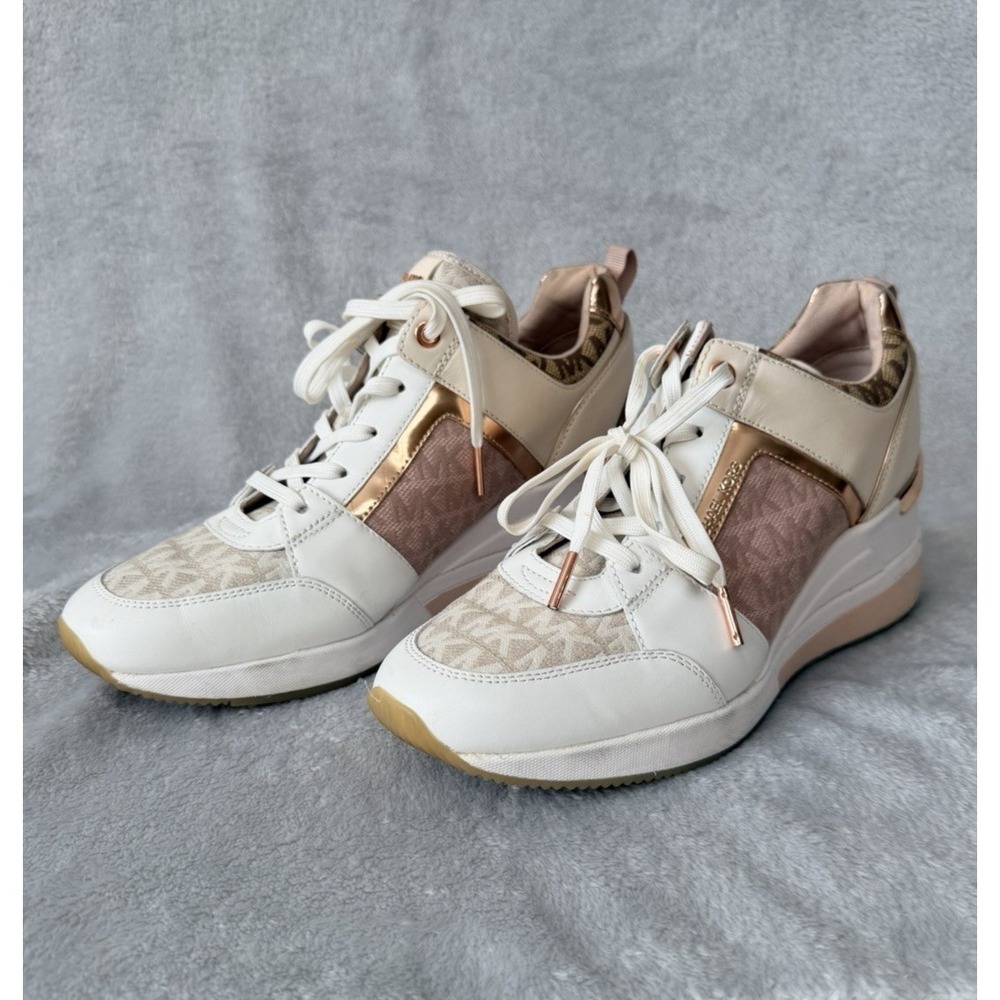 Michael Kors Rose Gold Georgie Trainer Sneakers Heels SZ 9 Leather Canvas Pink - Picture 1 of 9